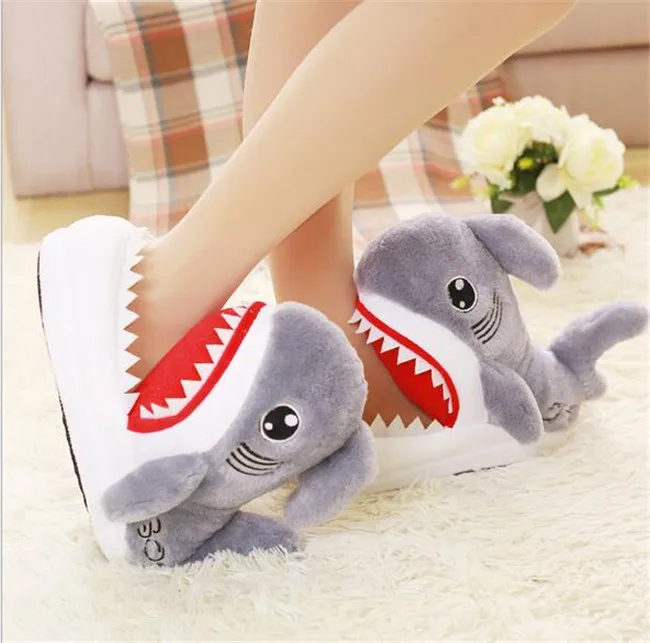 

PXELENA Animal Funny Shoes Men and Women Cartoon Slippers Warm Soft Bottom Home House Indoor Floor Shark Shape Furry Slippers