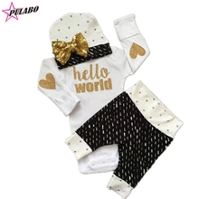 2016 nouveau printemps automne bébé filles garçons vêtements pour bébés fille vêtements bonjour monde flèche de mode à manches longues barboteuse + pantalon + chapeau 3 pcs