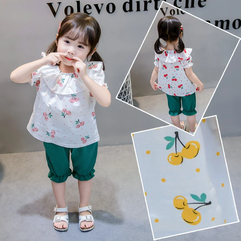 

2PCS/SET Baby Girls Summer Korean Cherry Print + Bloomer Pants Seven Pants Wide Leg Pants Suit Children Suit Sets Hot Sale