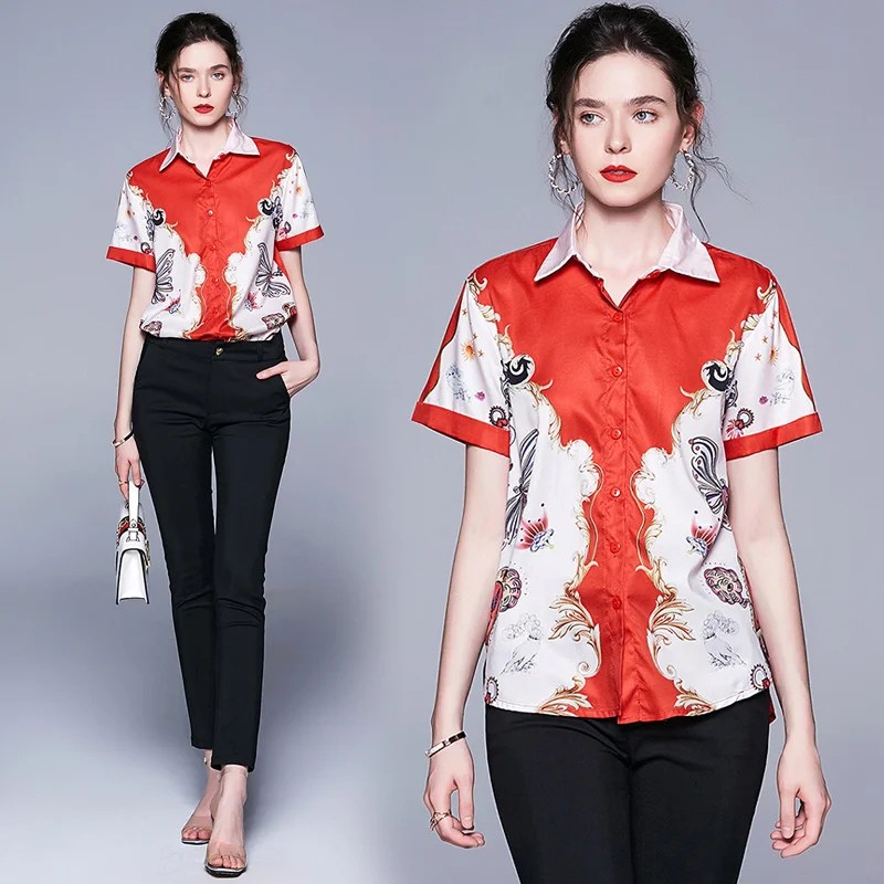 

Womens Tops quality Blouses 2019 red Runway Shirt Women short Sleeve Shirts Print Vintage Blusa Feminina Manga Comprida
