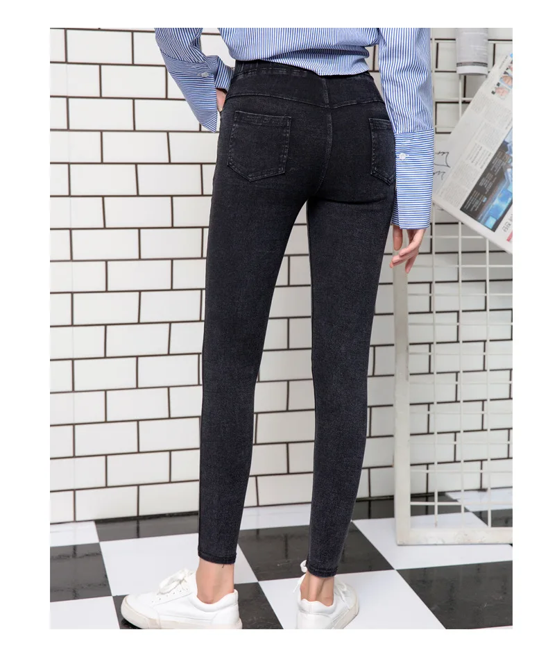 Новое поступление осень-зима женские Леггинсы эластичные Плюс Размер 6XL Снежинка песок мыть имитация джинсы женские брюки - Цвет: Черный