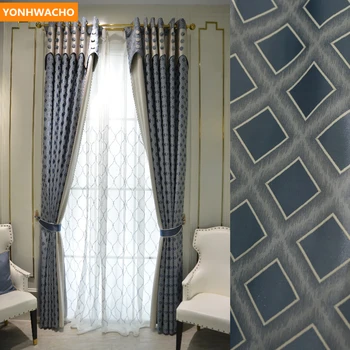 

Custom curtains Living room high-end simple modern plaid blue study living room cloth blackout curtain tulle drape B403
