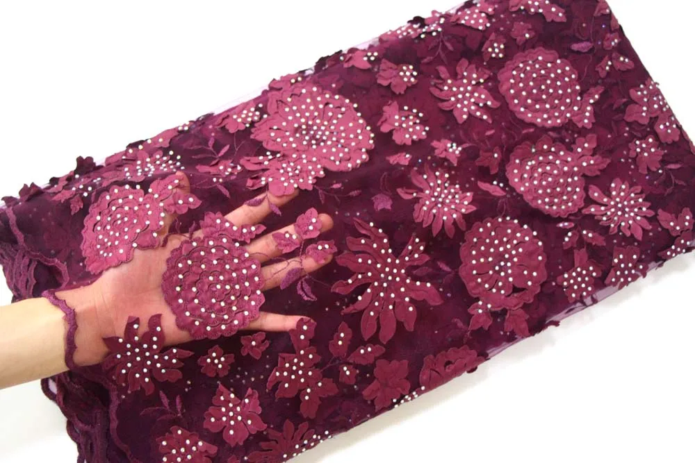 

African Lace Fabric Burgundy Laser Cut with Stones for Women Party Dresses 2019 New Arrival High Quality Nigerian Fabrics