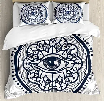 

Occult Duvet Cover Set Realistic Retro Eye Pattern in Round Eastern Mandala Form Micro Cosmos Design Print Bedding Set