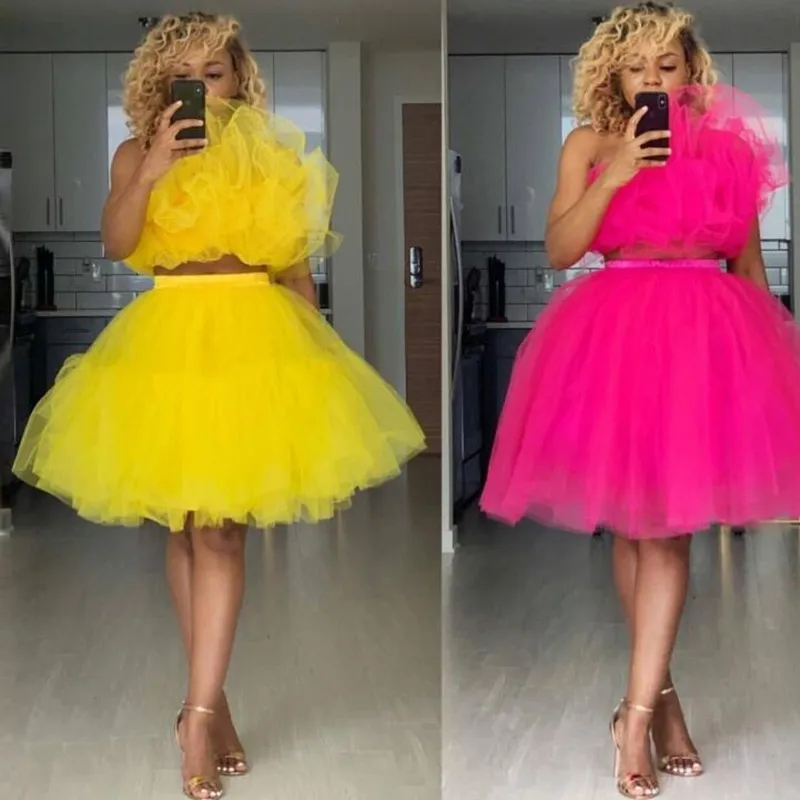2021 Party Dress Fuchsia Knee Length Two Pieces Prom Gowns Pleats A Line Short Yellow Dresses Puffy Tutu Multi Layers Gown | Женская