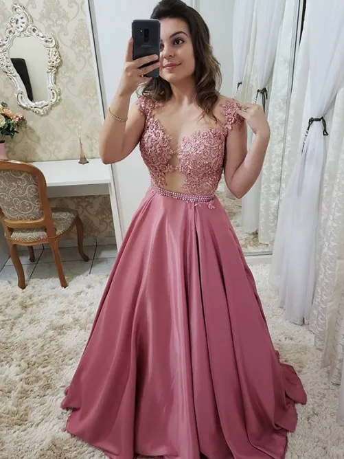 131vestido formatura Stunning A-line Satin Prom Dresses Pink Sleeveless Elegant Women Evening Party Dress