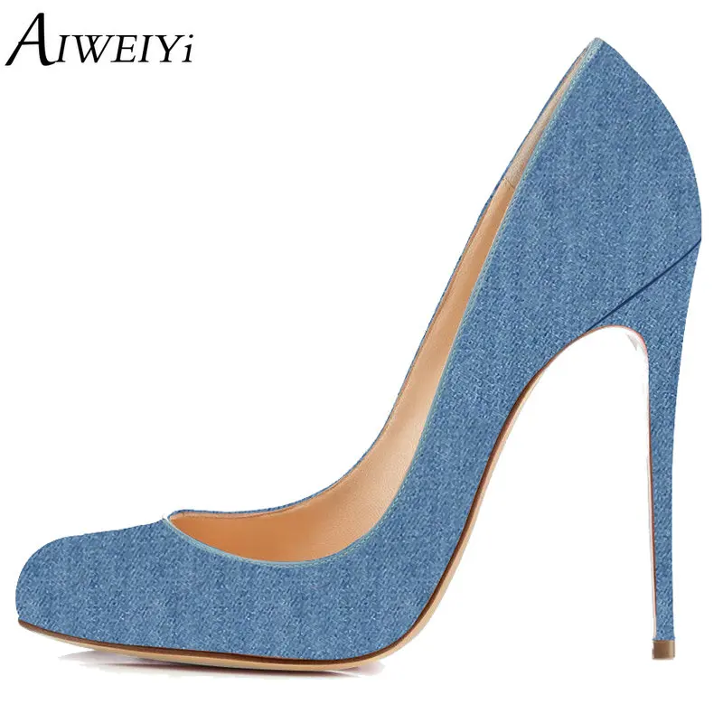 

AIWEIYi Women Pumps Denim Stiletto Shoes Round toe 12cm Platform Pumps Slip On Dress Party Shoes High Heel Shoes Woman