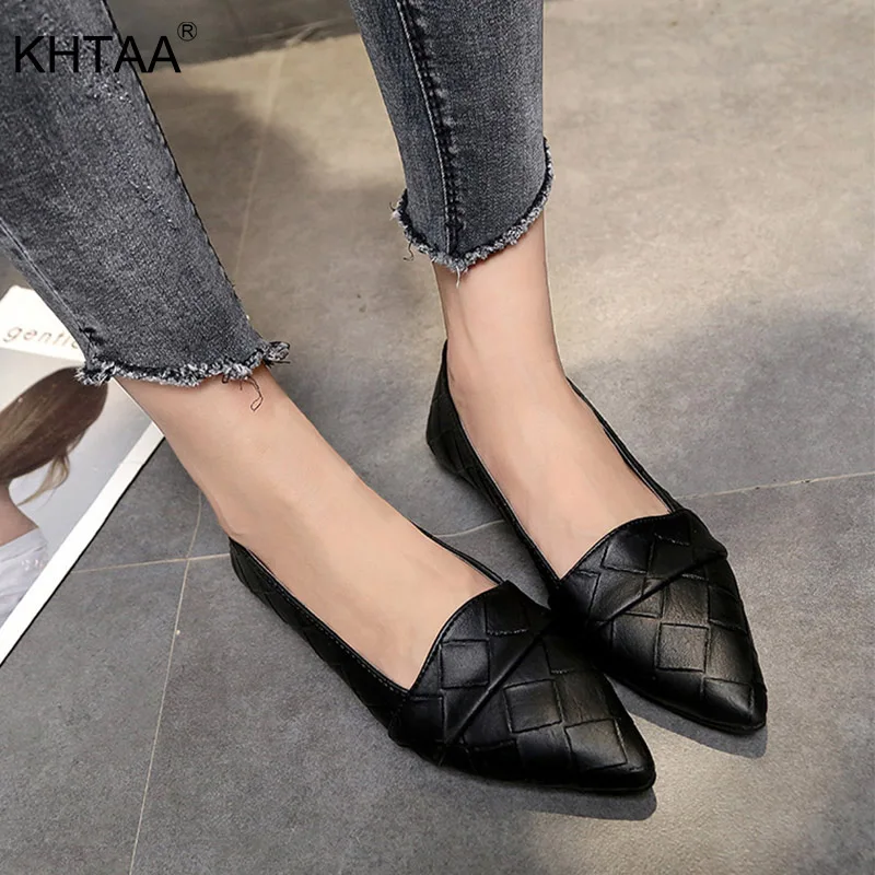 

2019 Spring Woman Pointed Toe Shoes Casual Slip on Flats Classic Female Checkered PU Leather Loafers Weave Ladies Shoes