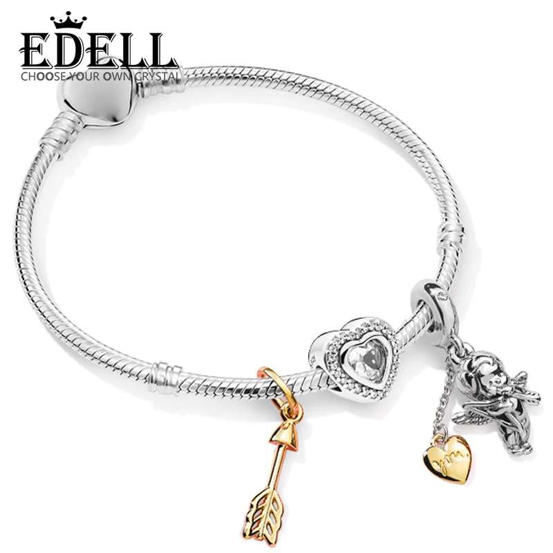 

EDELL 100% 925 Sterling Silver Arrow of Cupid Hanging Charm Heart-shaped Stringed Bracelet Set Valentine's Day Gift ZT0222