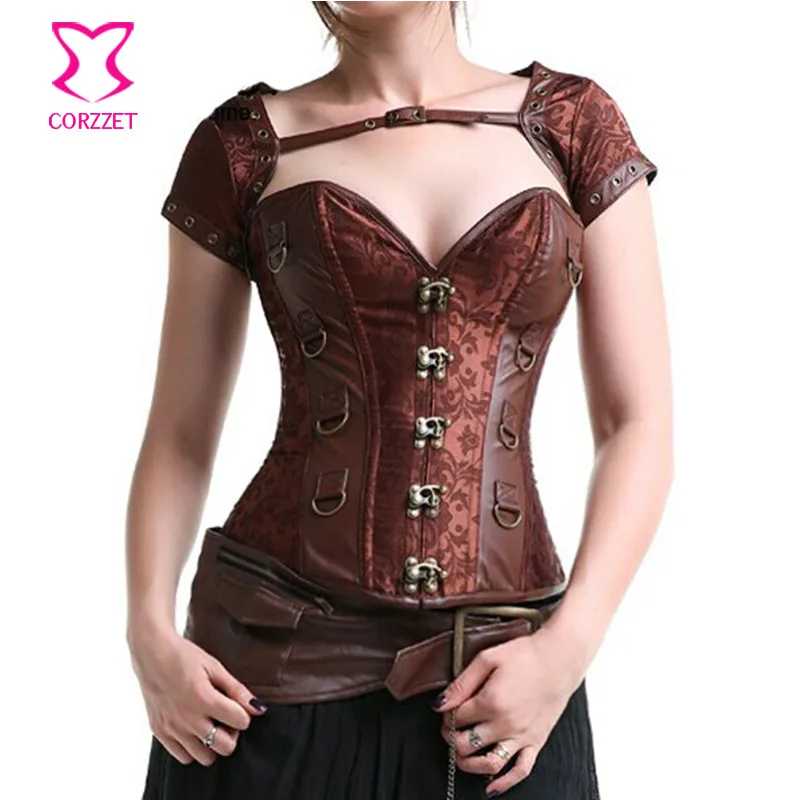 -S-6XL-Brown-Brocade-Plus-Size-Waist-Training-Corset-Steel-Bone-Steampunk-Corsets-And-Bustiers