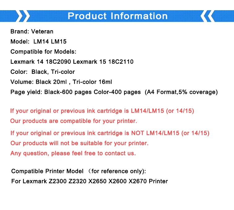 Veteran Cartridge LM14 LM15 Comptatible for Lexmark 14 15 Black Ink Cartridge for Lexmark Z2300 Z2320 X2650 X2600 X2670 Printer