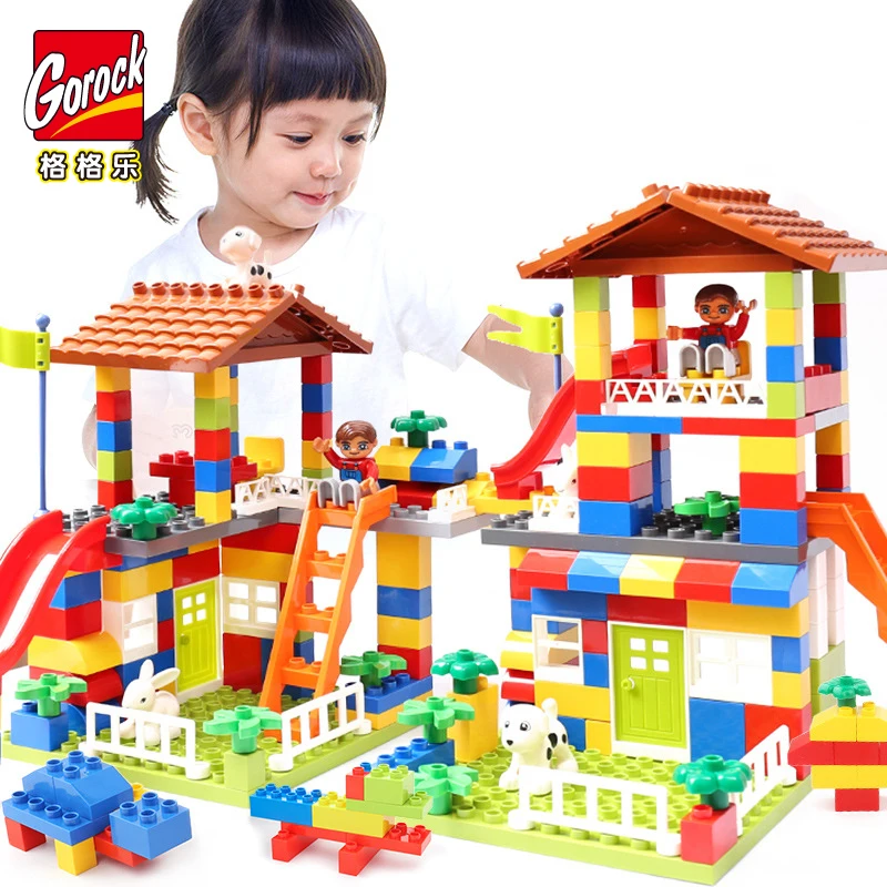 GOROCK 178pcs 89pcs DIY City House Roof Big Particle Building Blocks Castle Educational Toy For Children Duplo Bricks Baby Gifts