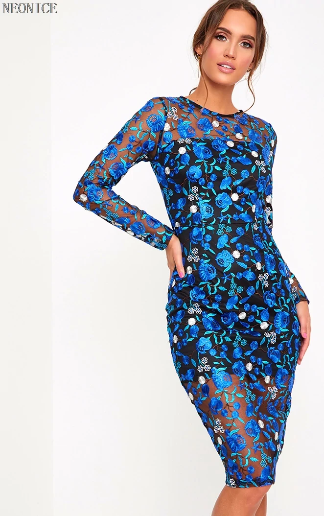 Hanche Bleu Socialite Mode Serré D'anniversaire Filets De Femme Fil Sexy Loisirs Automne Fleur Robe 2018new Paquet Fête Broderie Discothèque wAqHRnfx7