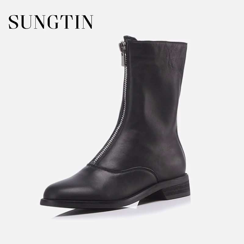 

Sungtin Spring Autumn High Quality Handmade Women Genuine Leather Mid Calf Boots Solid Black White Zipper Flat Boots Plus Size