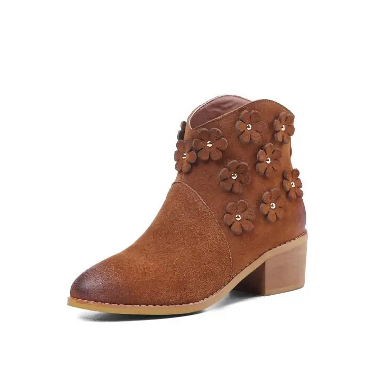 Frau Braun Seite Schwarz Chunky Runde Schuhe Beige Wildleder Stiefeletten Booties orange Damen Ferse Blumen Perle Für Frauen Zipper Beige Winter schwarzes Kappe 578w7rqT