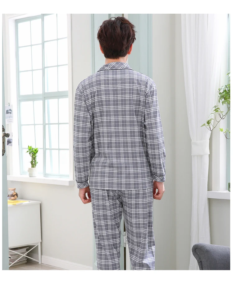 100% хлопок пижамы с длинными рукавами Для мужчин кардиган в клетку пижамы Повседневное пижамы из двух частей комплект пижамы зимняя мужская