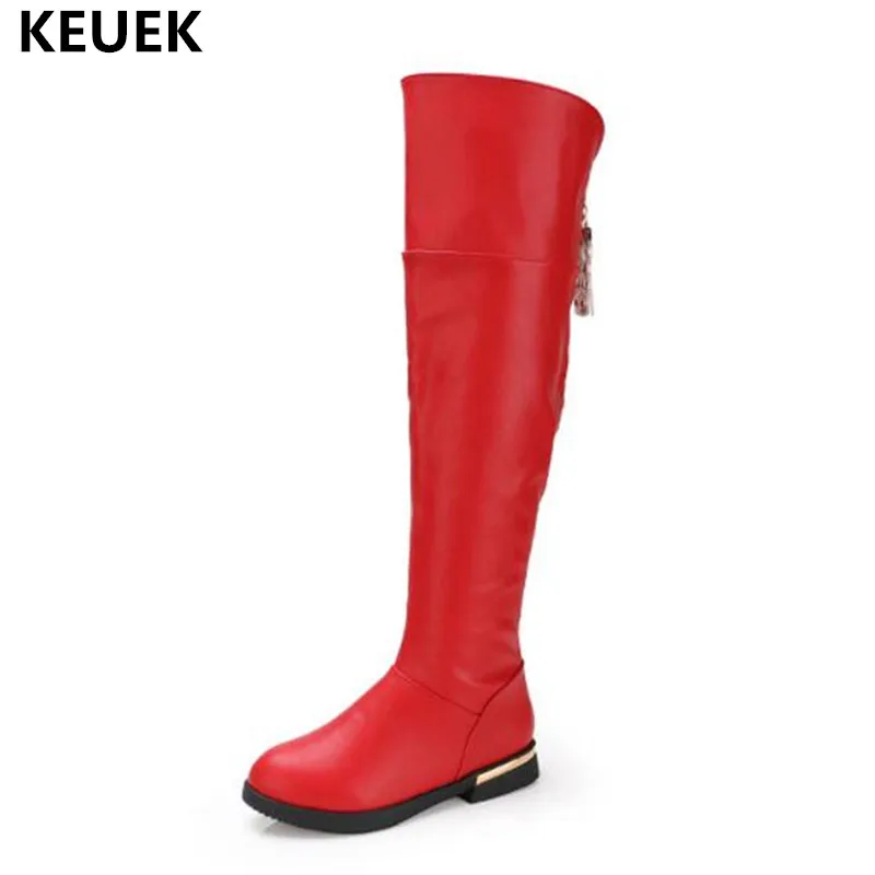 

New Winter Genuine Leather Boots Children Girls Knee-High Boots Princess High Quality Snow Boots Kids Baby Warm Plush Shoes 041
