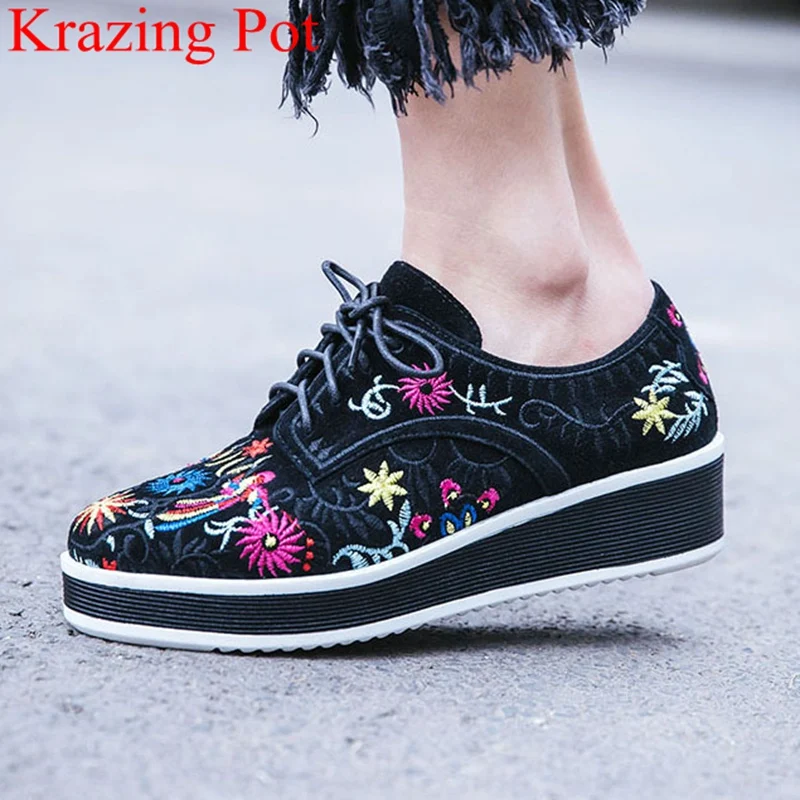 

superstar round toe flock med heels embroider concise wedges women pumps lace up elegant platform flower brand casual shoes L68