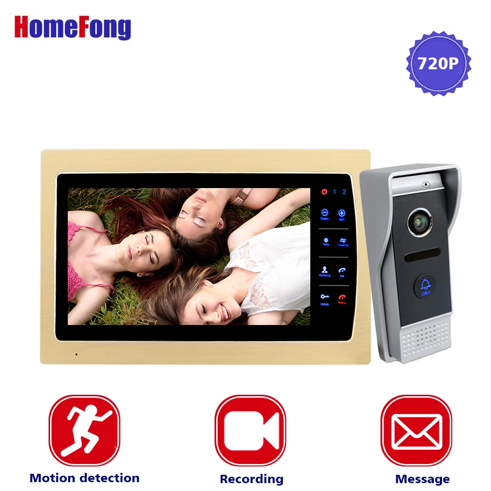 

Homefong 10 Inch Video Door Phone Intercom System Golden Color 4 Wires wired Doorbell IR Camera 720P Motion Recording MP3 MP4