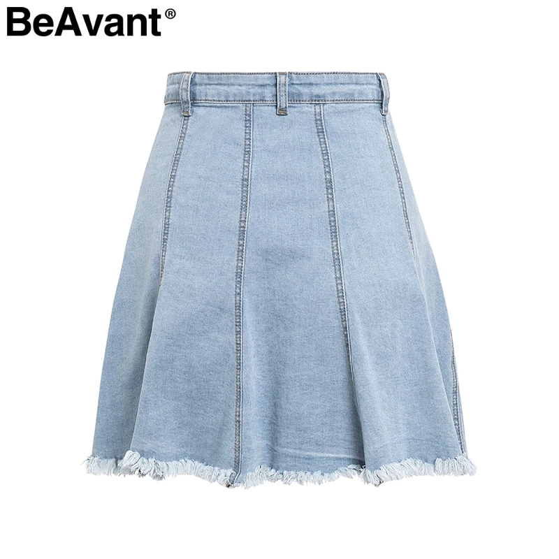BeAvant A line pleated short jeans skirts womens High waist tassel mini denim skirt female Casual blue summer fringe skirt