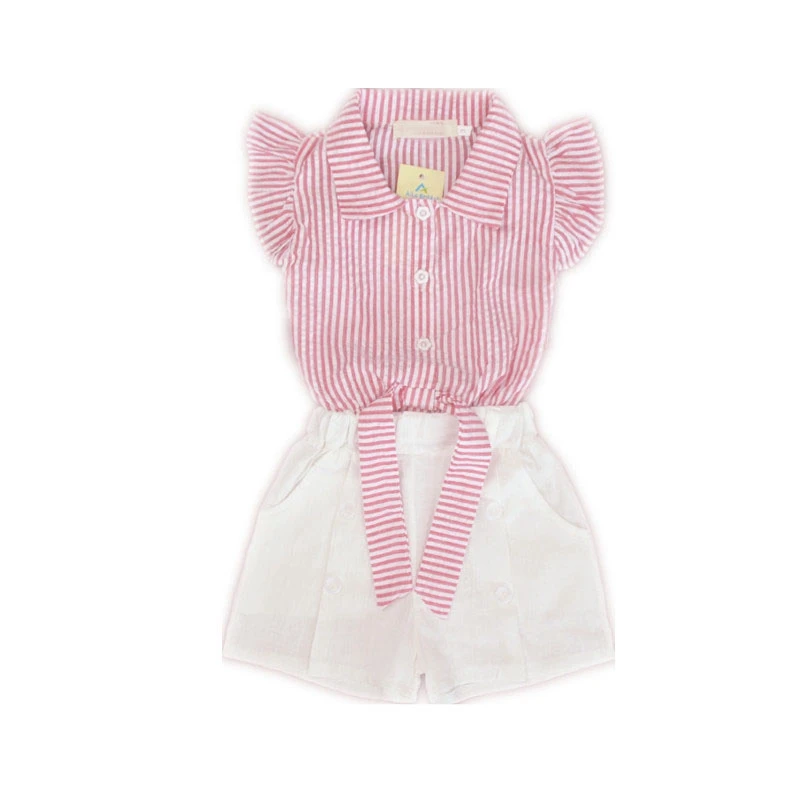 

Girls high waist striped short-sleeved shirt + cotton and linen pure white fashion shorts two-piece children's clothing sets