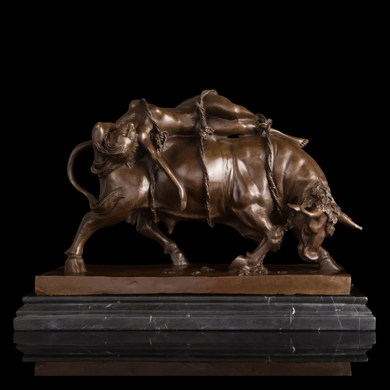 

Arts Crafts Copper Christmas Gifts Antique Imitation Marble Base Western Art Retro Bronze Sculpture Woman Bind on the Bull czs-3