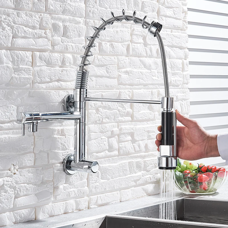  Wall Mounted Spring Kitchen Faucet Pull Down Sprayer Dual Spout Single Cold Water Mixer Sink Faucet - 32976582961