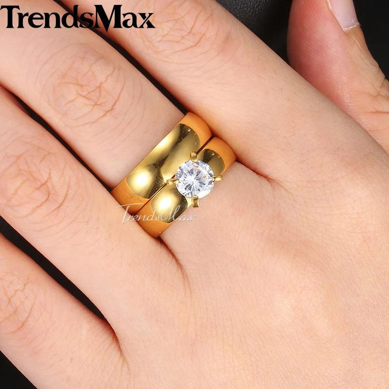 Trendsmax Mens Womens Wedding Ring Set Gold Silver Tone Stainless Steel CZ Stone Couple Promise Band Engagement Ring KKRM28