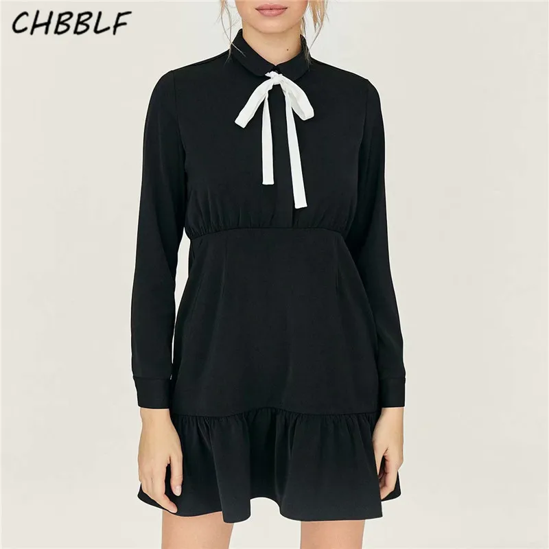 

CHBBLF women black dress bow tie collar long sleeve female casual wear chic dresses vestidos WEW5273