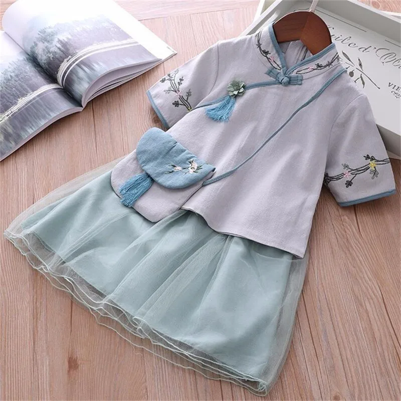 Ali1336G LIGIRL/комплекты одежды для девочек в стиле ретро; г.; Ципао детское платье с вышивкой; топы и юбки; летняя детская одежда с сумочкой - Цвет: Ali1336G