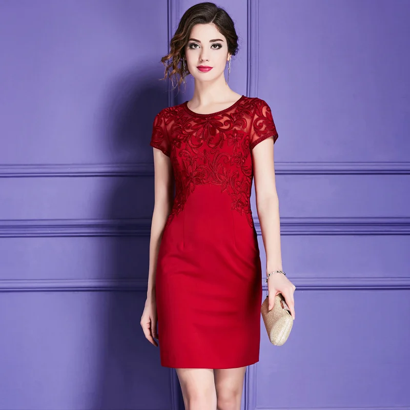 Flower Embroidery Women Sheath Dress Fashion O Neck OL Office Ladies