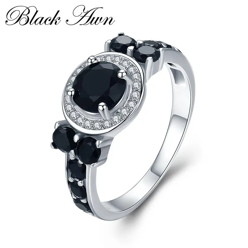 Cute 3.4g 925 Sterling Silver Fine Jewelry Round Bague Black Spinel Wedding Rings for Women Girl Party Gift C470 Fine Jewelry