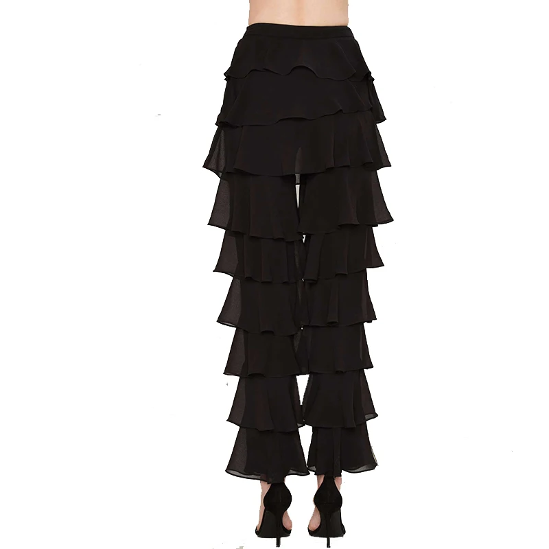 Mid rise Black Ruffle Straight Vintage Chiffon Pants Women Loose Casual Pants Elegant Long Flare