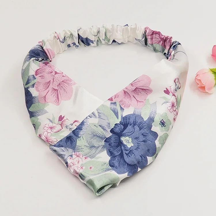 

2017 simple and elegant peony Flowers print Cross silky touch chiffon Fabric Headband Elastic headwear Female Hair Accessories
