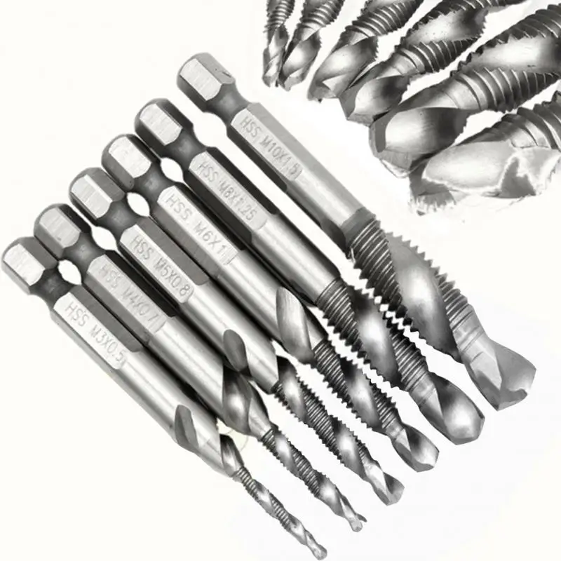 

6Pcs/set M3-M10 composite tap drill bit thread spirals crew tap 1/4'' Hex HSS,Hexagon handle compound Tap Drill Bits
