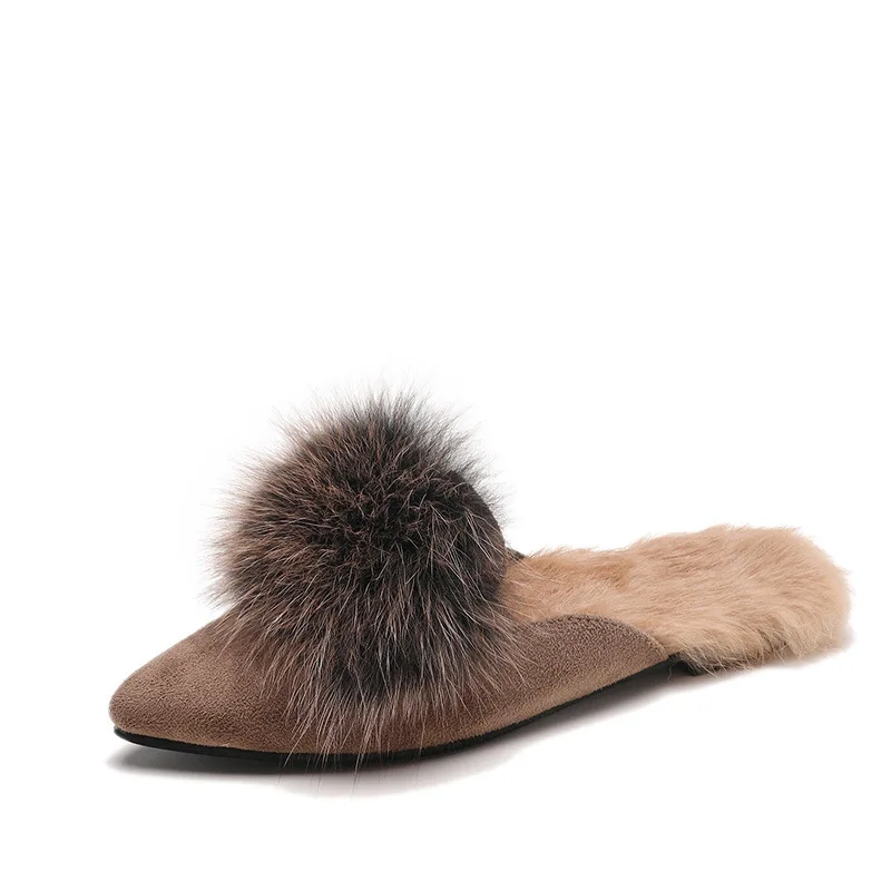 

fur slippers women plush home indoor mules 2018 Ms. Outdoor Feather autumn winter sharp fashionable women's shoes wholesale