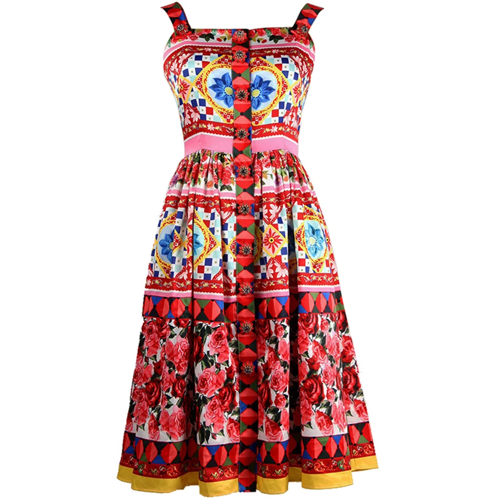 

2017 Summer Designer Women's High Quality Colourful Flower Printed Crystal Button Spaghetti Strap Knee-length Dress