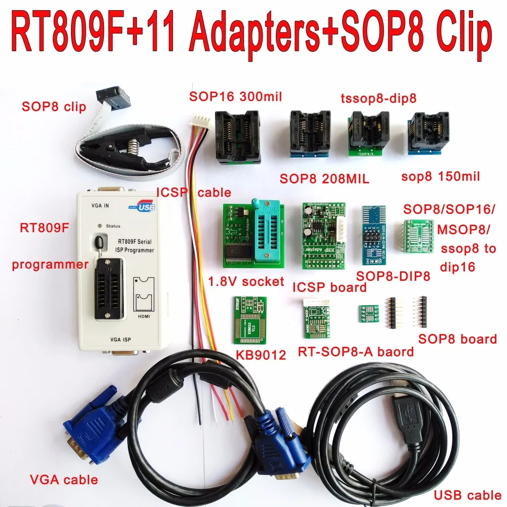 Дешево Оригинальный RT809F программист + 11 Адаптеры + SOP8 зажим + 1,8 V TSSOP8 разъем VGA ЖК дисплей программист ICSP доска 24 25 93 serise IC