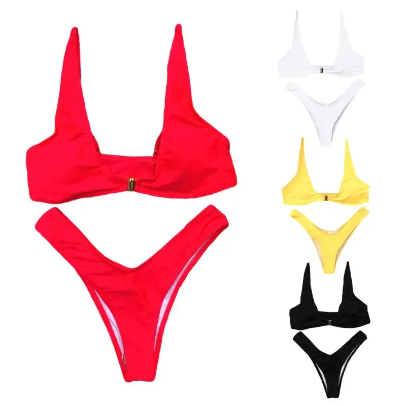

1 Set Women Swimsuit Bikini Deep V Sexy Two Piece Suit Swimwear Fashion Charming Lady Soft Bra Beach Party Padded Front Hasp Sum