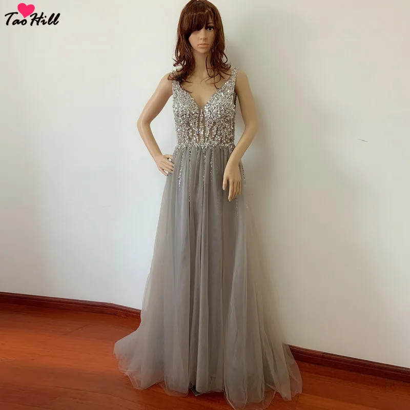 

TaoHill Real Made Party Occasion Formal Long Evening Dress Silver Grey A-line Beads Pearls Evening Dresses Paillette