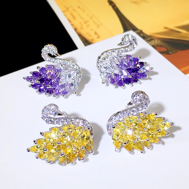

Luxury Female Crystal Swan Stud Earrings Cute 925 Silver Yellow Purple Stone Earrings Boho Double Zircon Earrings For Women