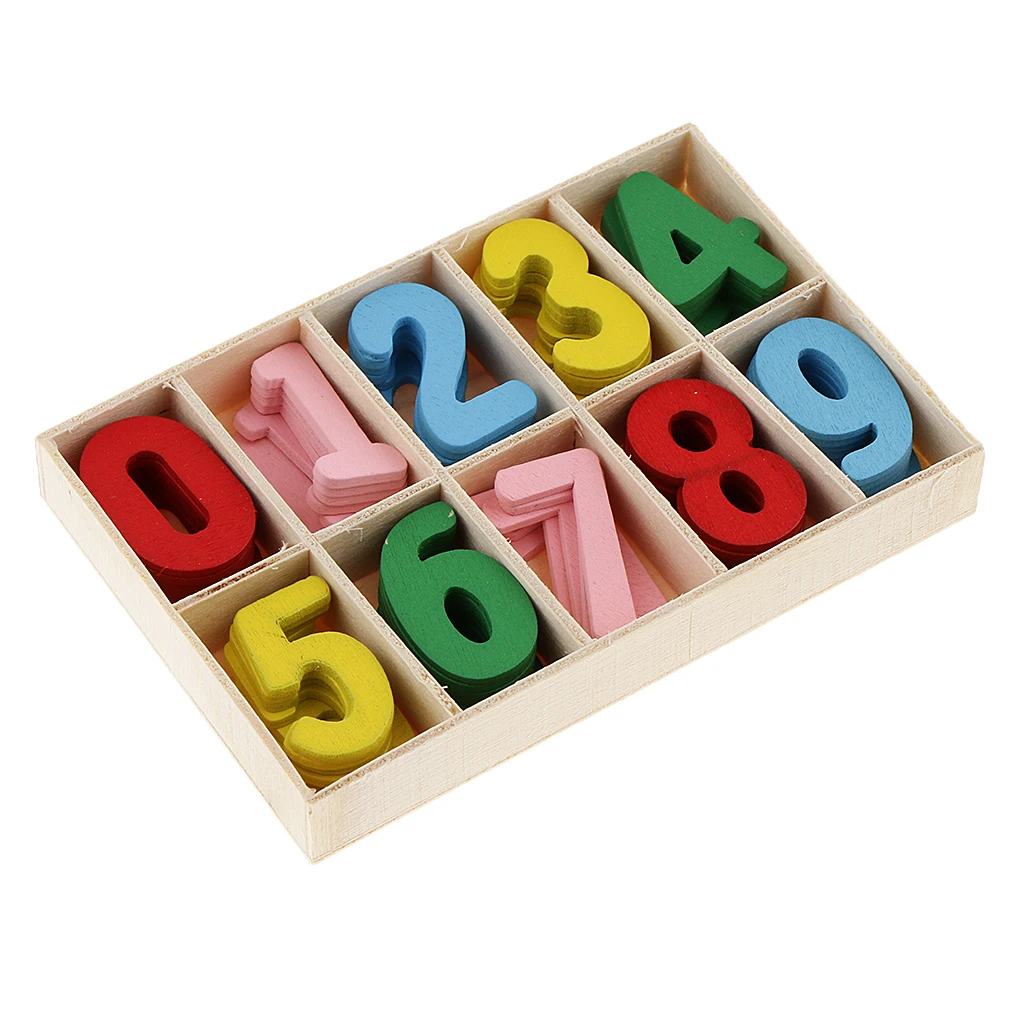 60pcs Colorful Mini Wood 0-9 Arabic Number Embellishment with Wood Storage Tray for Kids Educational Toys Games
