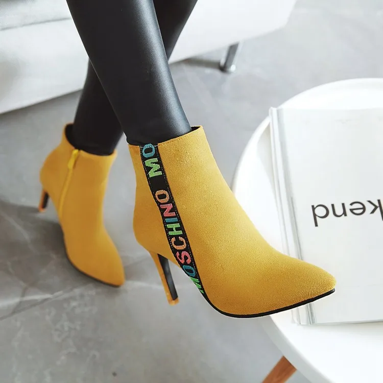 

Big Size 11 12 13 14 15 16 17 British fashionable coloured letters with abrasive leather pointed and thin high-heeled boots