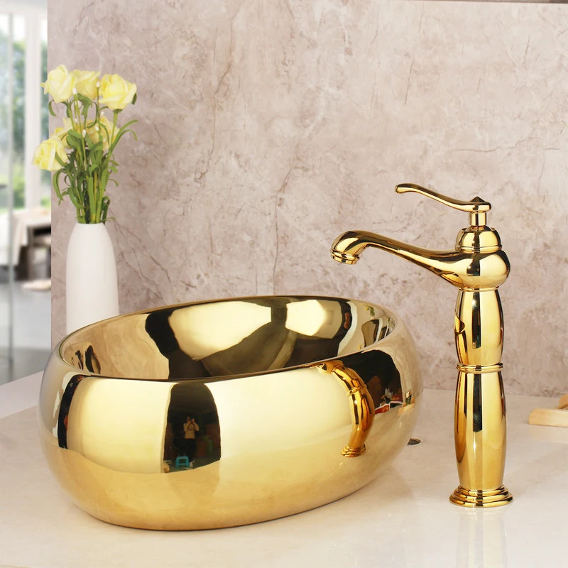 Раковина для ванной комнаты, золотой керамический санузел, кран для ванной, раковина для раковины, набор для ванны, комбинированный Твердый латунный смеситель, кран, набор