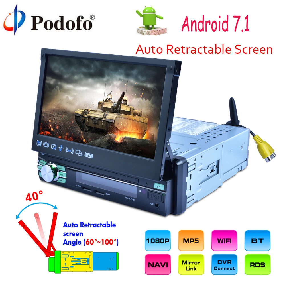 

Podofo 1 Din Autoradio Android 7'' Car Radio GPS MP5 Multimedia Player Bluetooth Audio Stereo USB WIFI Blutooth FM Auto Stereo