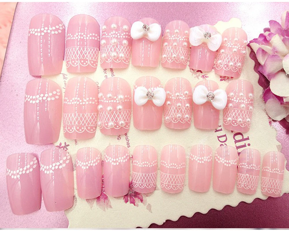 

ELECOOL 24Pcs Bow-knot False Nail Full Set French Short False Nail Tips Acrylic Nail Art Tools Hot Manicure Art Sets