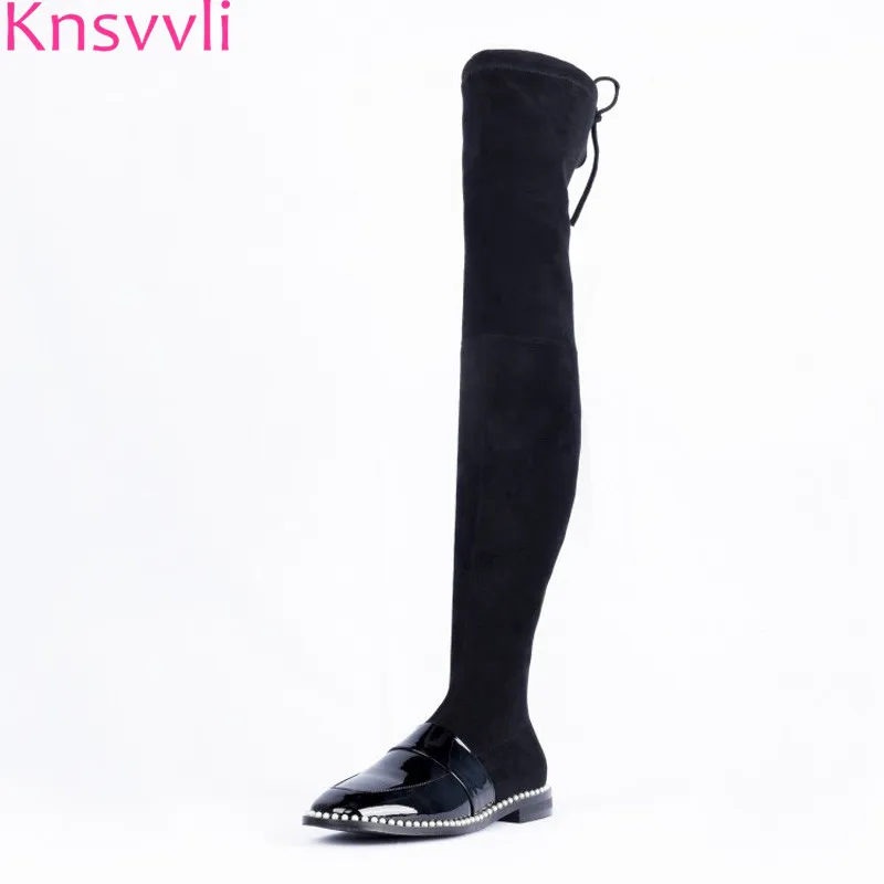 

Knsvvli autumm winter thigh high boots women stretch boots genuine leather flat fashion square toe over the knee boots ladies