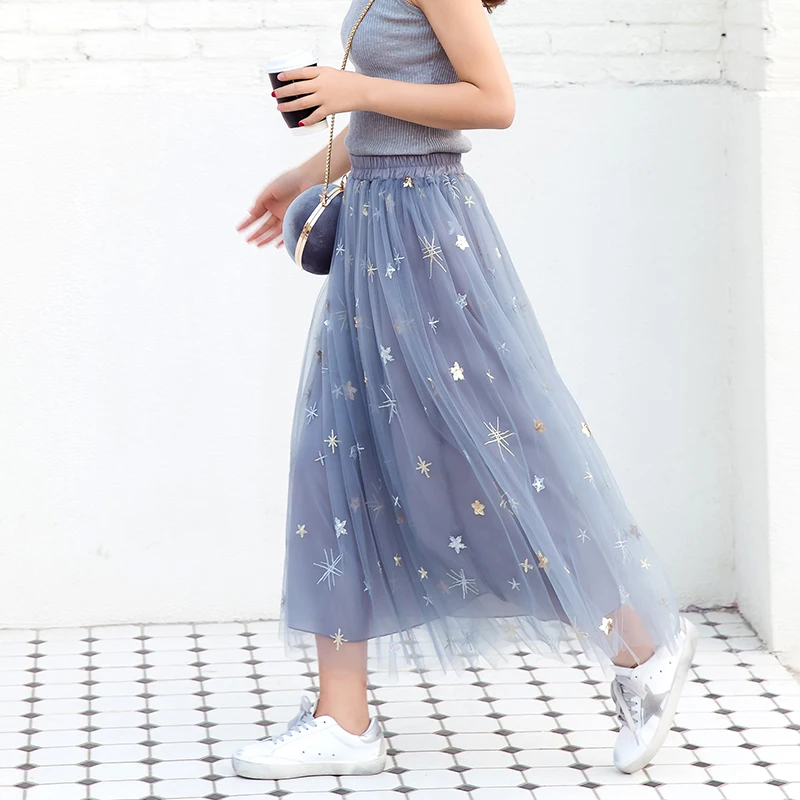 

Stars Embroidered Tulle Skirt Vintage Semi Sheer Fabric High Waist Pleated Midi Skirt For Women Ladies Korean A Line Jupe Saias