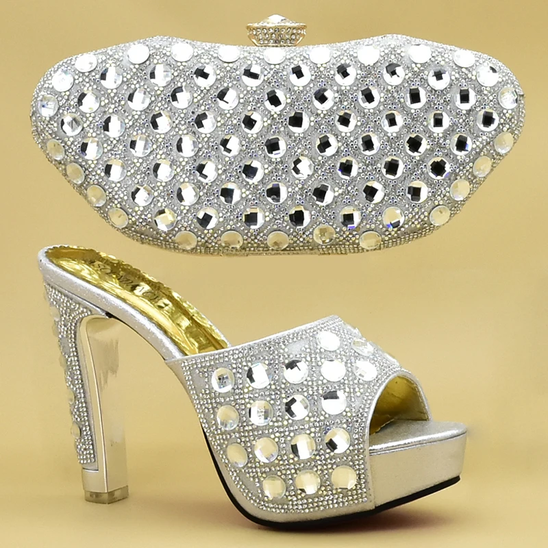 

2019 New Silver Special Style Italian Shoes and Bags Set African Matching Shoes and Bag Italian In Women Party Shoe and Bag Set