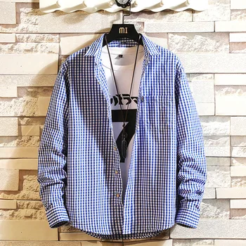 

#0193 Spring Plaid Shirt Men Long Sleeve Lapel Collar Plus Size Mens Shirts Regular Fit Japanese Style Casual Dress Shirt Male
